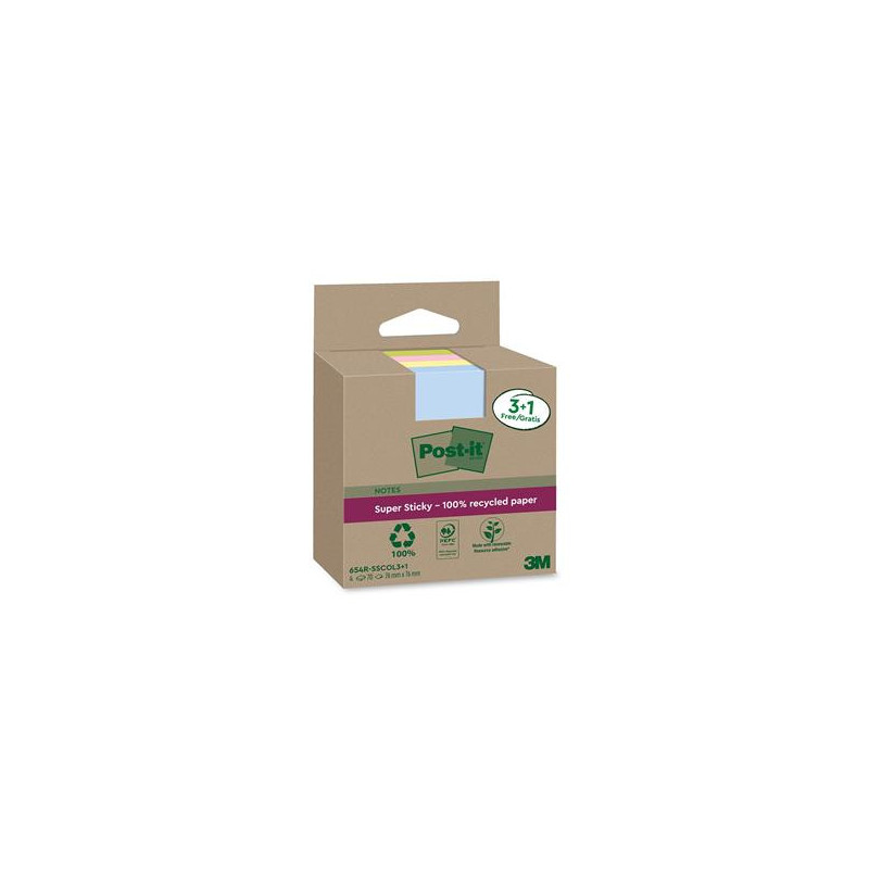 Notisar Post-it 4 st/fp Super Sticky Recycled Mix Färger 76x76mm