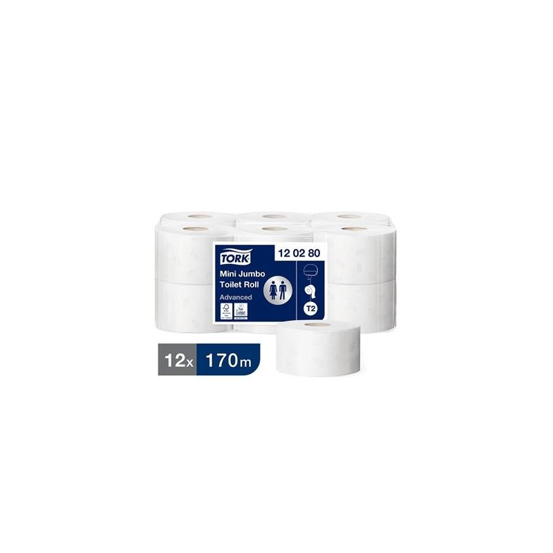 Toalettpapper Tork T2 Mini Jumbo Adv 12 rlr/fp 2-lg Vit 170m