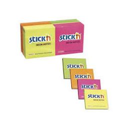 Självhäftande Notisblock i 4 olika sorterade neonfärger; gult, grönt, orange/blå och rosa. 100 blad/block. 76x76 mm.